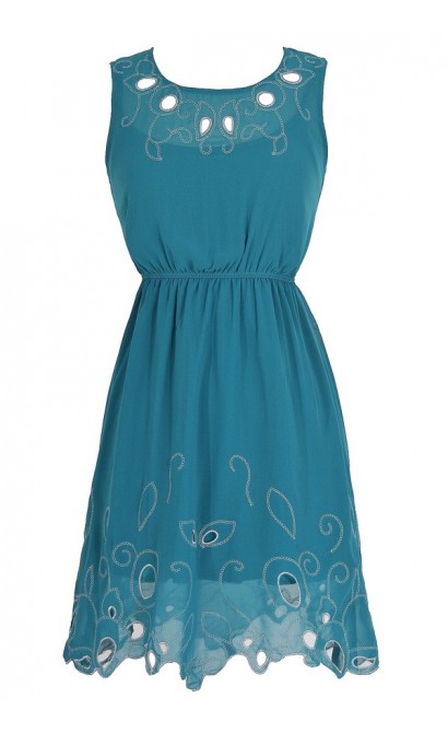 Silver Leaf Embroidered Cutout Dress in Teal